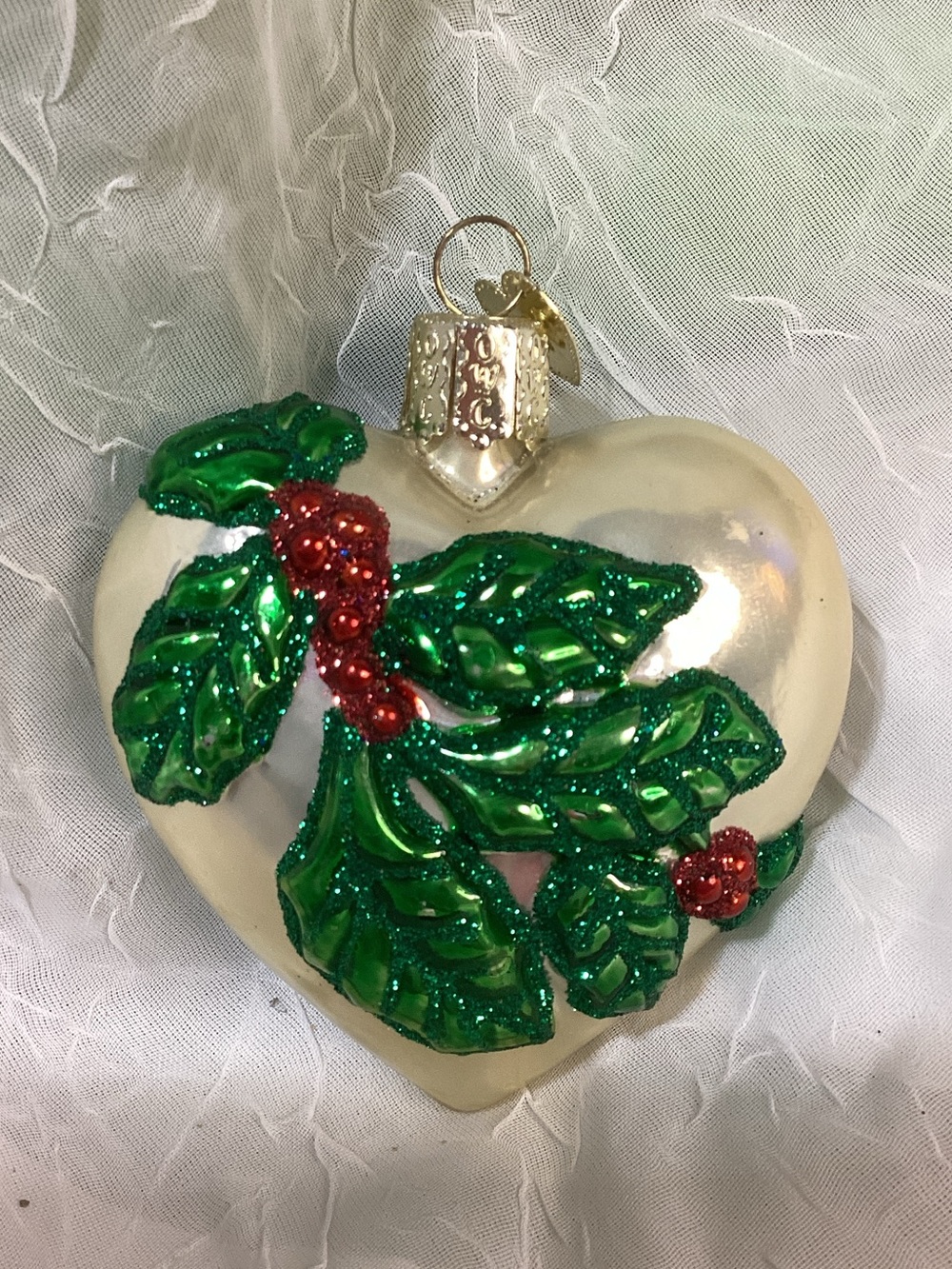 Old World Christmas Glass Mistletoe Heart Ornament Tree Decoration Small